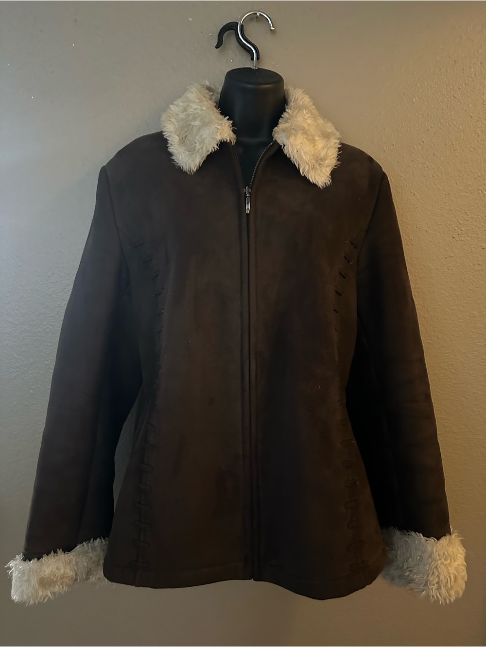 Liz Claiborne Dark Brown Teddy Jacket with Cream Fur Trim